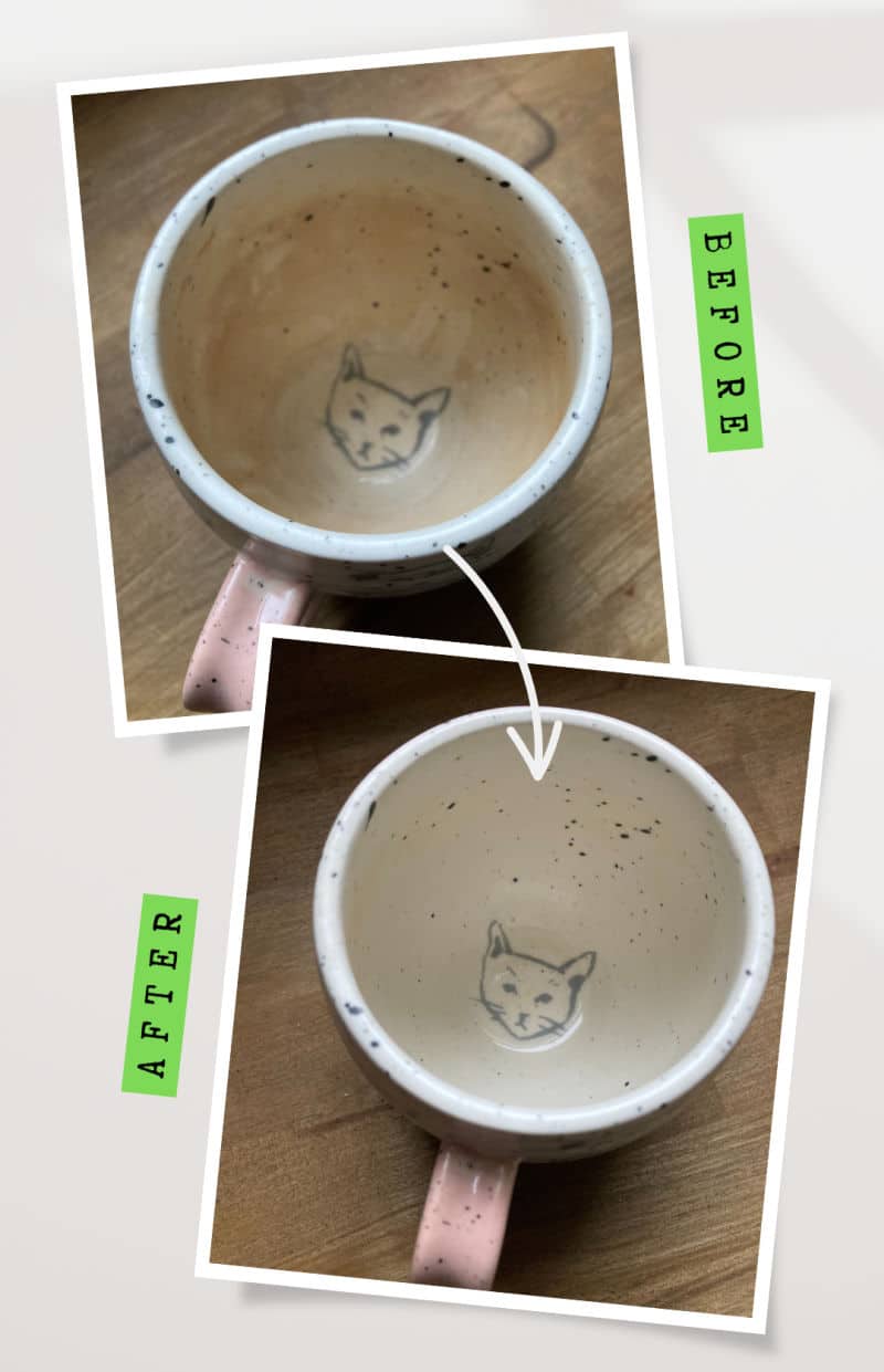 Before and after photos of a tea stained mug, and a clean mug after soaking in soda crystals.