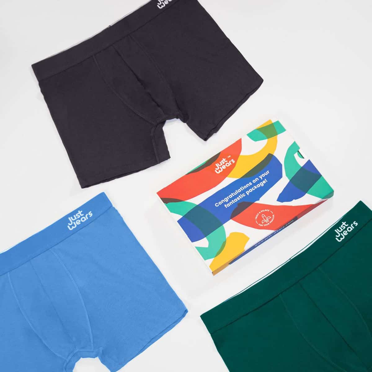 Set of three boxer shorts in black, blue and green from eco-friendly brand JustWears.