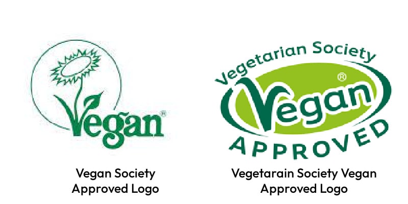 The vegan society approved logo and the vegetarian society vegan approved logo.