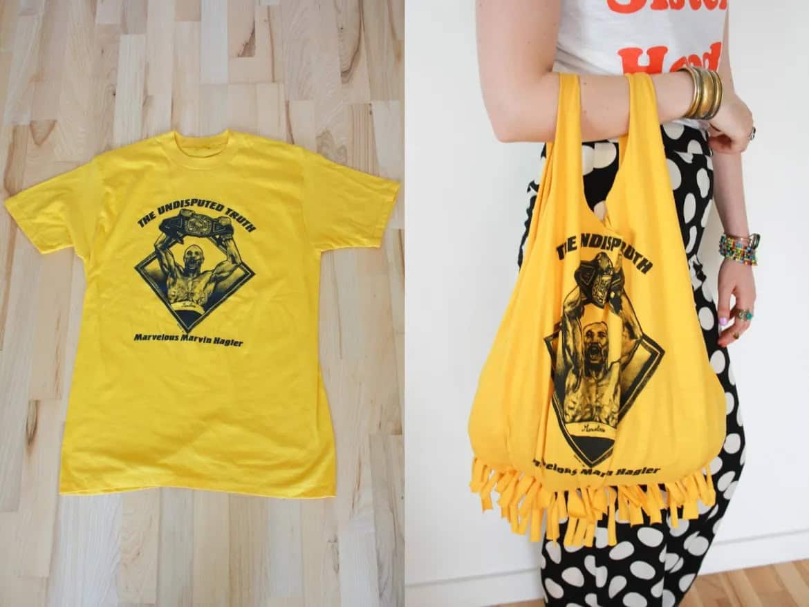 Before and after of a yellow t-shirt turned into a zero-waste no-sew shopping bag