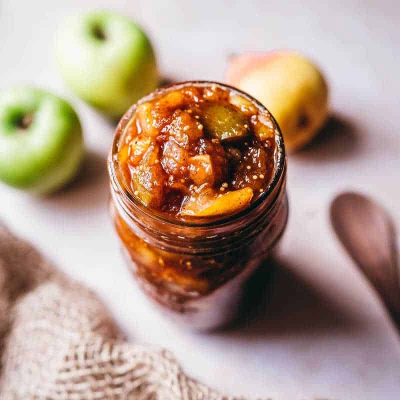 Jar of homemade spiced pear chutney.