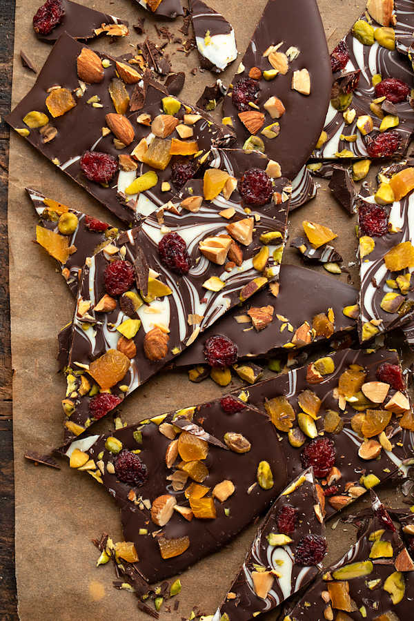 chocolate bark made with nuts and dried fruit