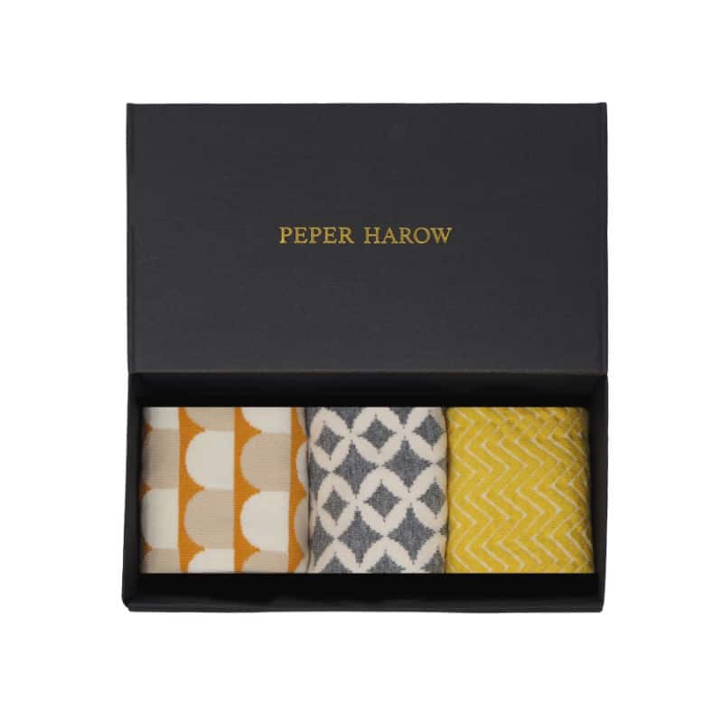 Box of luxury ethical socks from Peper Harow.