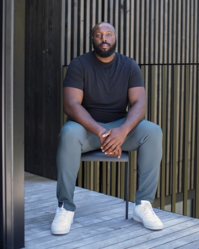 Seated person wearing Tentree hemp clothing