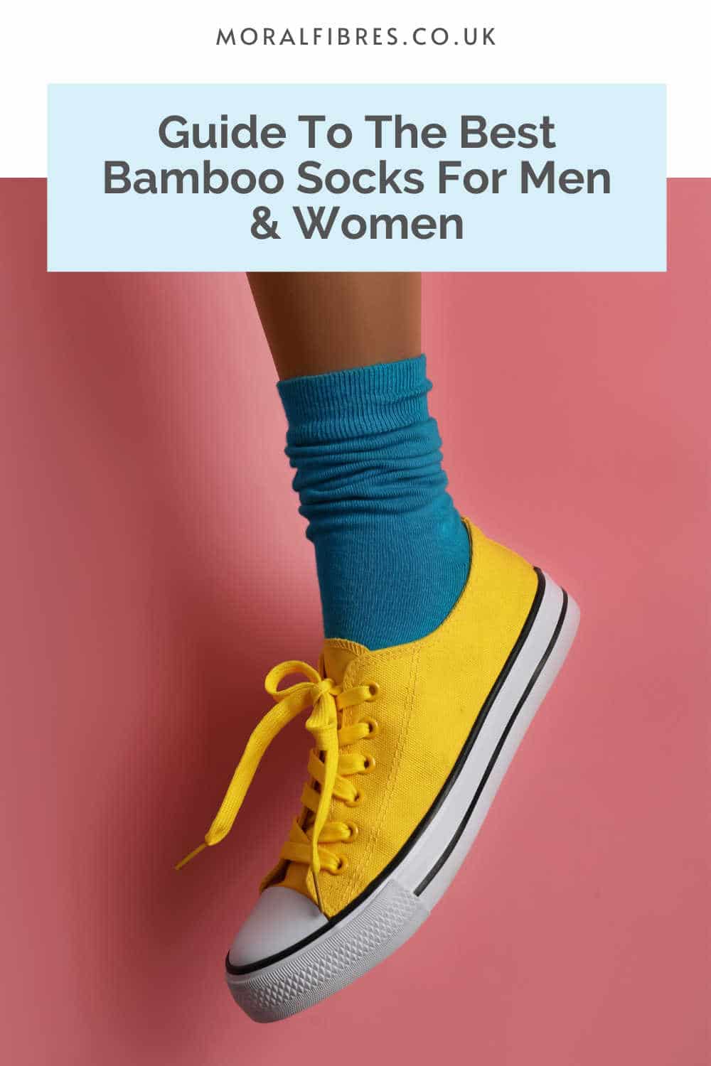 Person wearing a blue sock and a yellow shoe, with a blue text box that reads guide to the best bamboo socks for men and women.