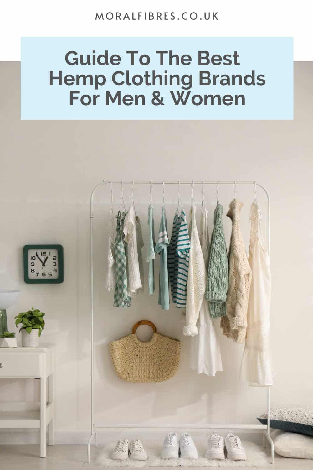 Railing of clothes with a blue text box that reads guide to the best hemp clothing brands for men and women