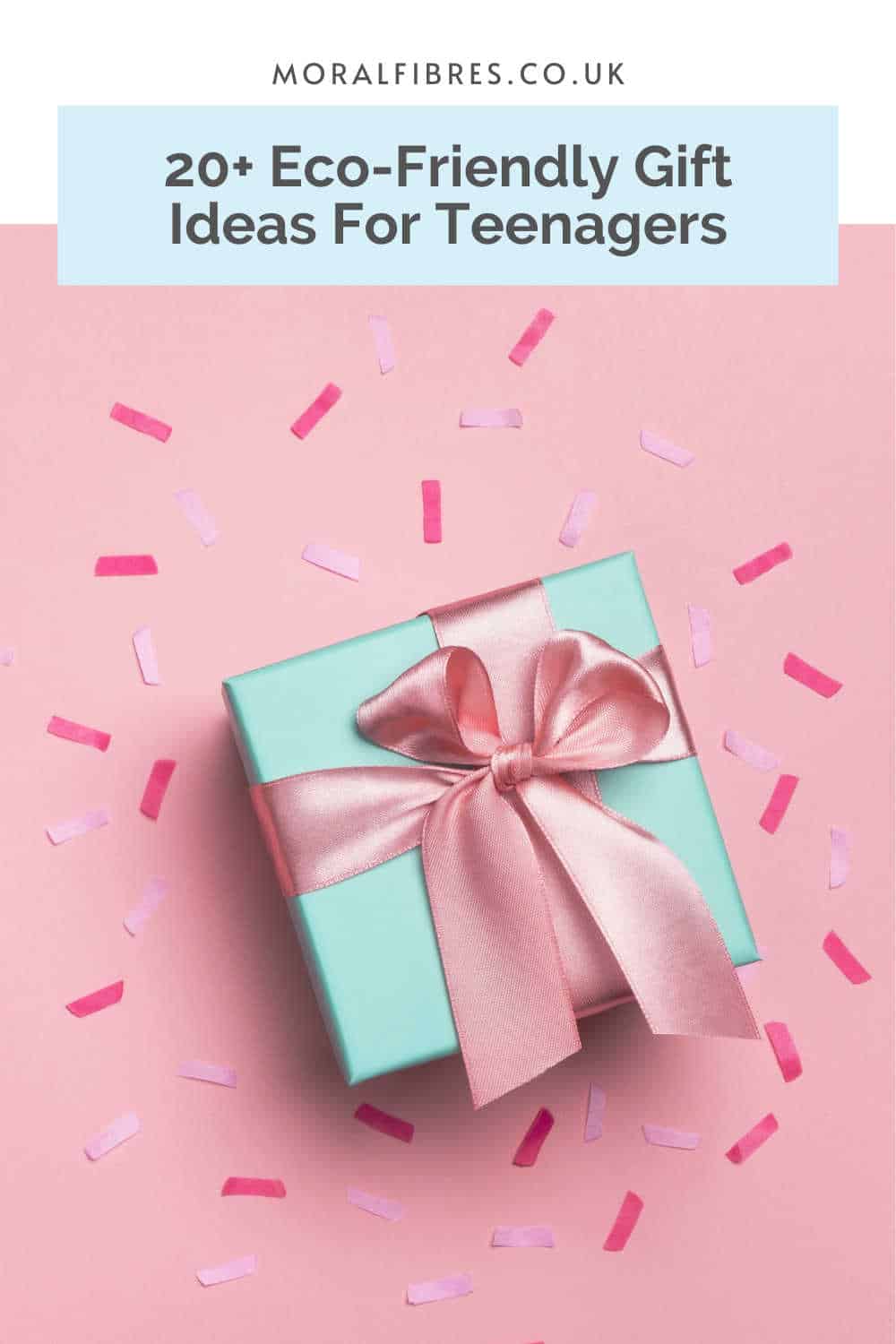 Gift on pink background with a blue text box that reads eco-friendly gift ideas for teens