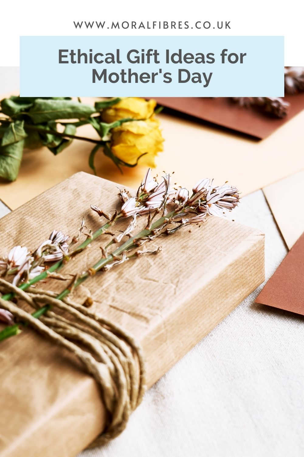 An eco-friendly gift, with a blue text box that says ethical gift ideas for mother's day.