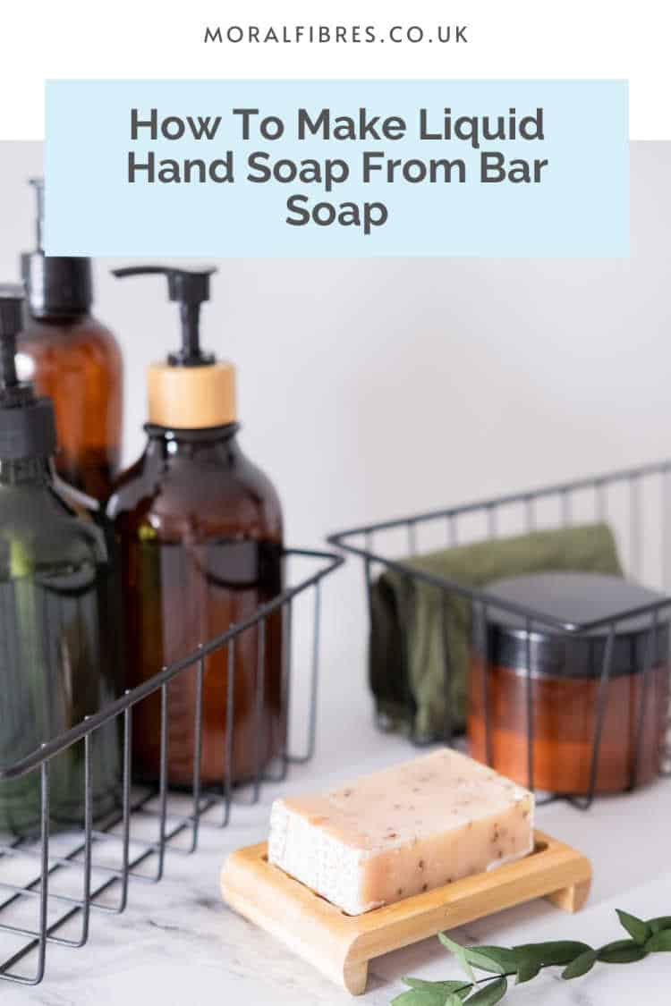 Bar of soap next to a liquid hand soap dispenser with a blue text box that reads how to make liquid hand soap from bar soap