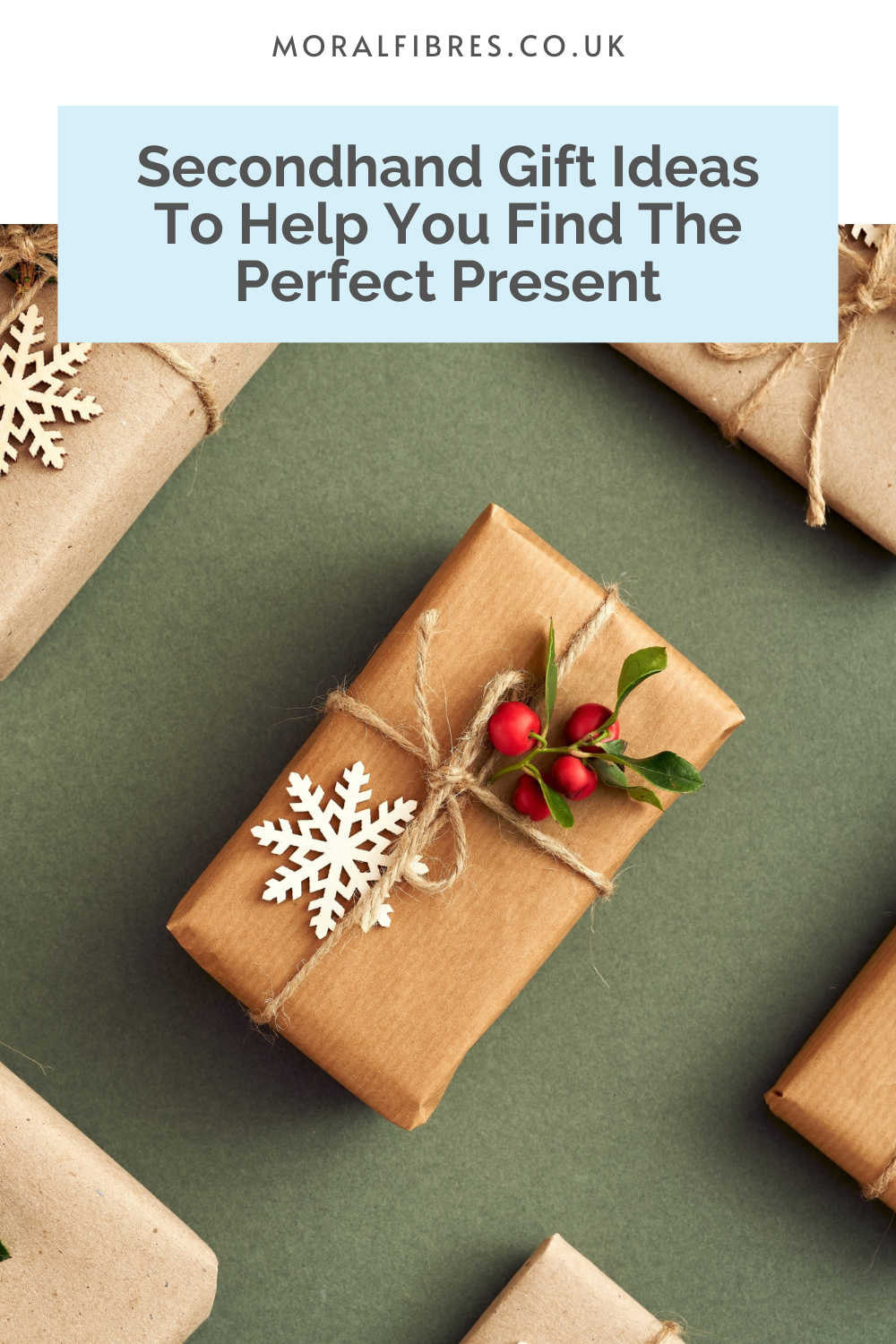 Gifts wrapped in brown paper with a blue text box that reads secondhand gift ideas to help you find the perfect present.