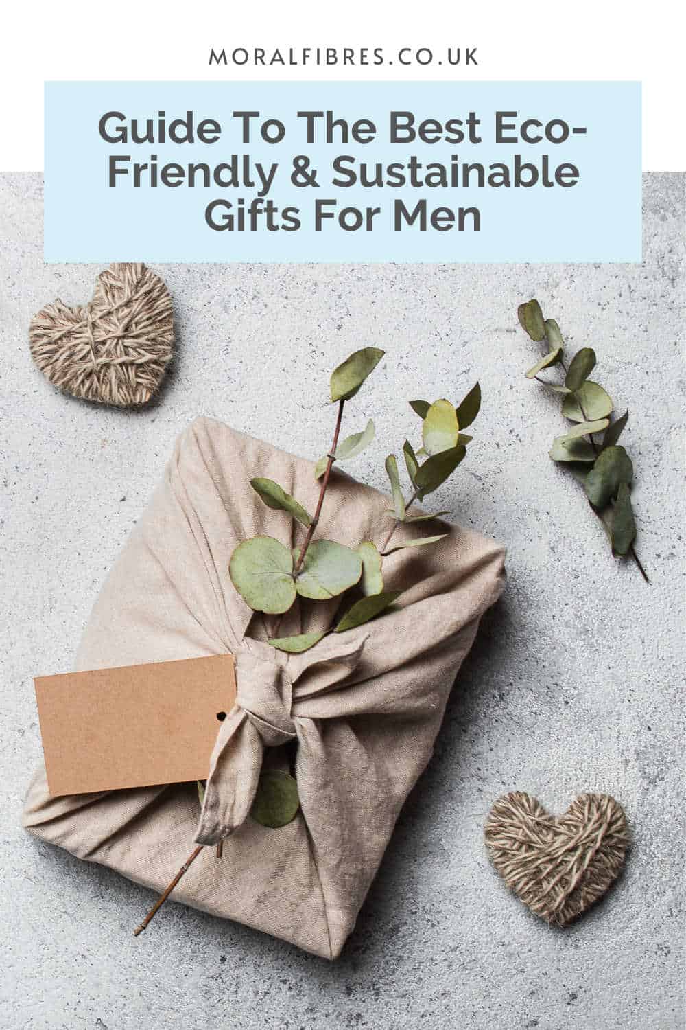 A sustainably wrapped gift with a blue text box that reads guide to the best eco-friendly and sustainable gifts for men.