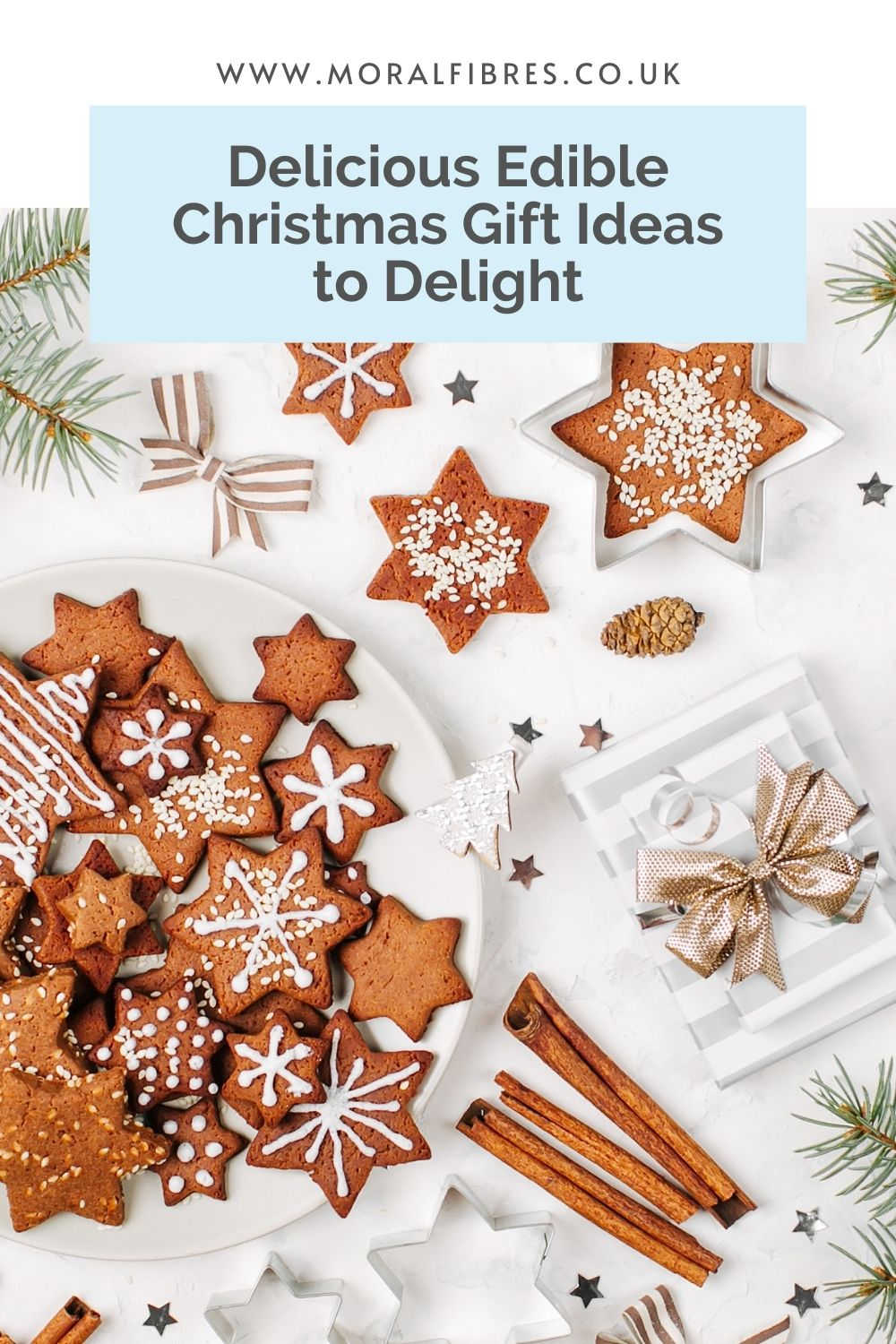 Homemade gingerbread biscuits in the shape of snowflakes, with a blue text box that says delicious edible Christmas gift ideas to delight